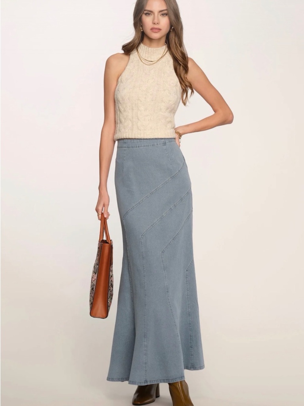 Heartloom Delvine Skirt - High-Rise Washed Blue Denim Maxi Skirt